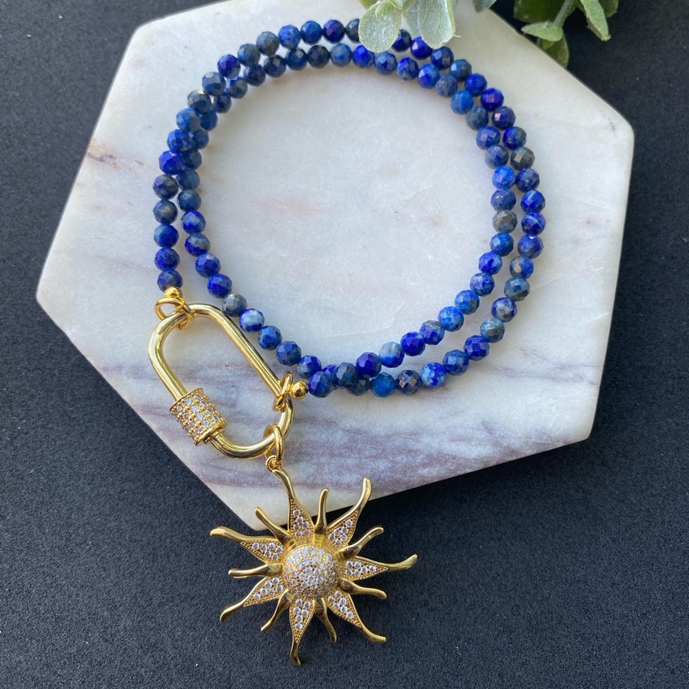 Sun Necklace CZ Gold Pendant and Lapis Lazuli Choker Carabiner front Clasp